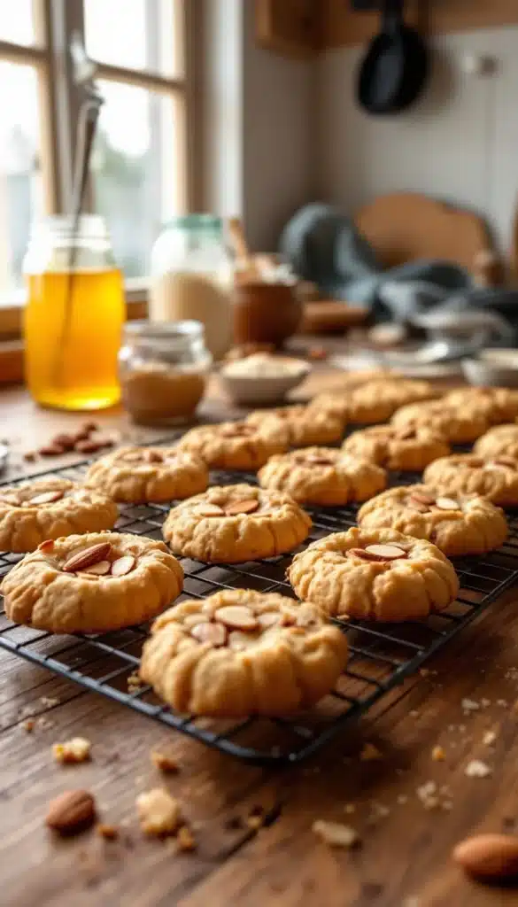 Fresh almond cookies cooling on a rack.