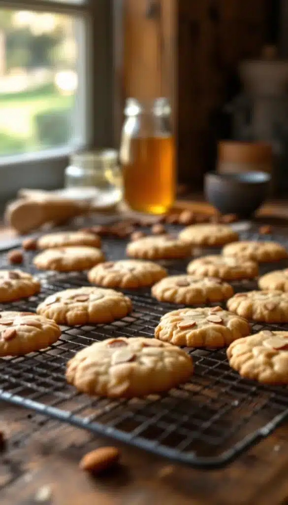 Fresh almond cookies on cooling rack with jar.