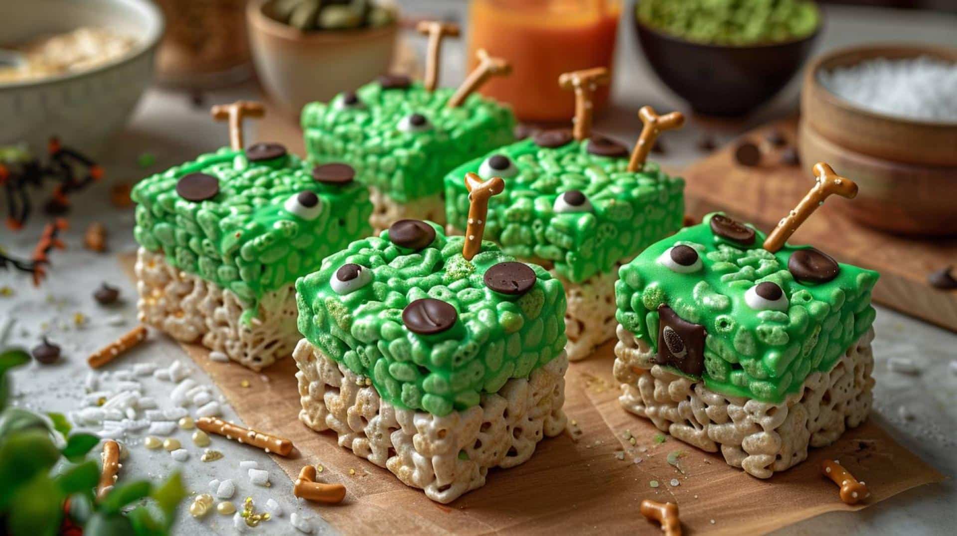 Recipe: Frankenstein Rice Krispies Treats – Easy Rice Krispies treats decorated like Frankenstein