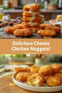 Golden, crispy chicken nuggets covered in cheese, stacked and served on a cutting board with a side of dipping sauce.