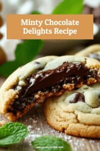 Close-up of freshly baked mint chocolate chip cookies with melted chocolate filling, garnished with mint leaves.