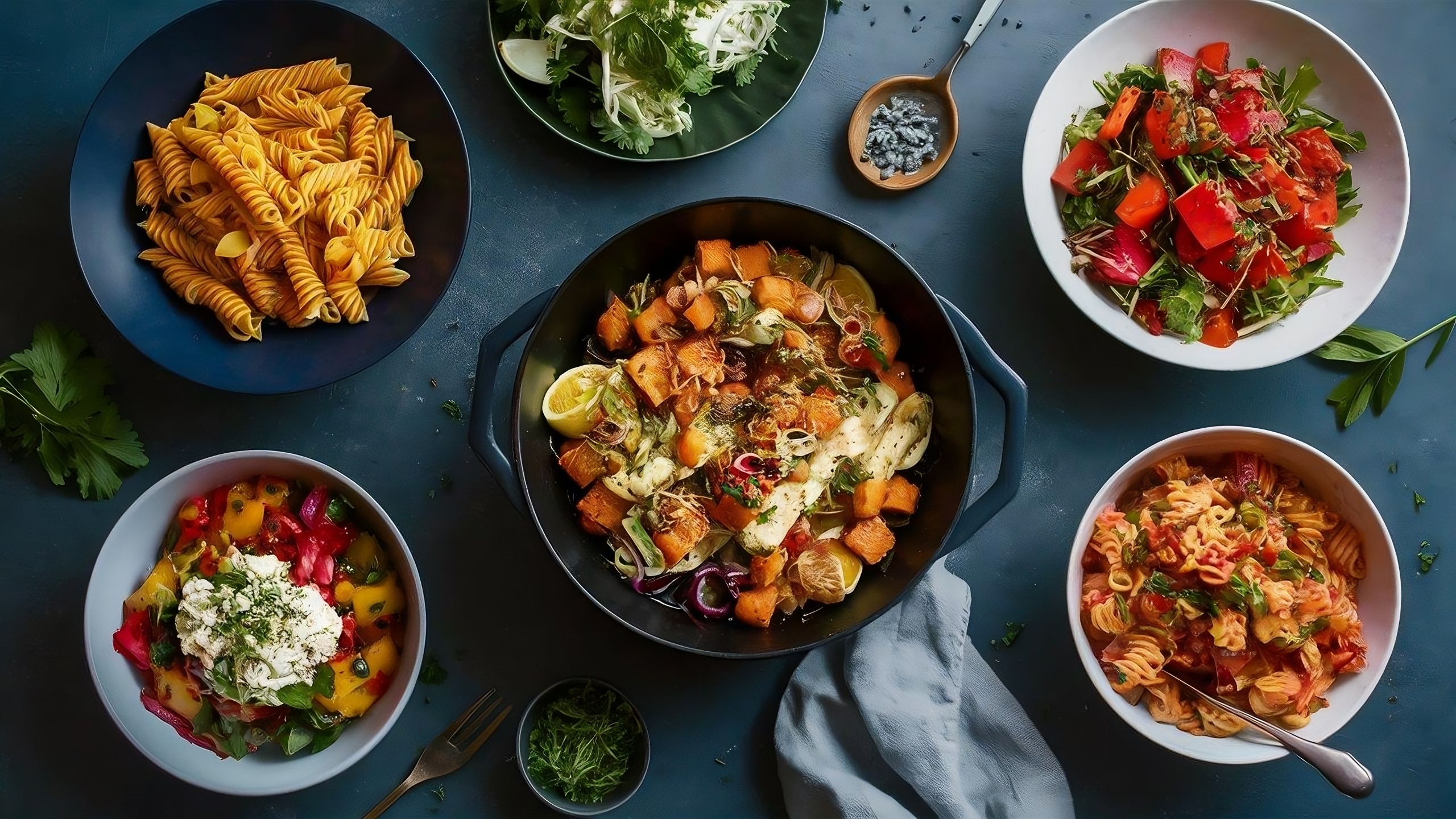 Assorted dishes with pasta, salad, and vegetables