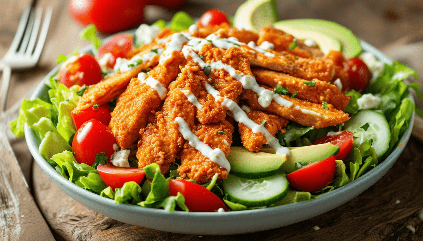 enjoy a delicious and healthy air fryer buffalo chicken salad, combining crispy buffalo chicken with fresh greens and flavorful toppings. perfect for a satisfying meal that's low in calories but high in taste!