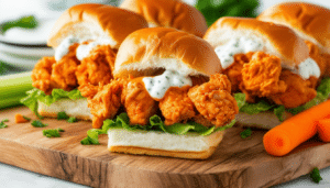 indulge in the ultimate game day snack with our air fryer buffalo chicken sliders. these spicy, crispy sliders are quick to prepare and bursting with flavor, perfect for parties or a casual night in. enjoy tender, juicy chicken chunks tossed in zesty buffalo sauce, topped with your favorite fixings and stuffed between soft buns. get ready to impress your guests!