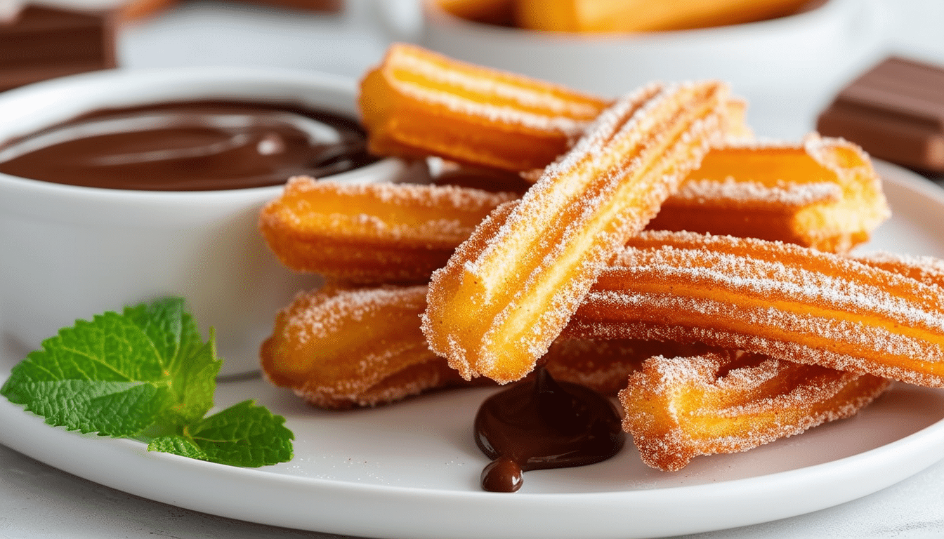 indulge in a delightful treat with our air fryer churros, perfectly crispy on the outside and soft on the inside. paired with a rich chocolate sauce for dipping, these easy-to-make churros are a healthier twist on a classic dessert that you can enjoy any time!