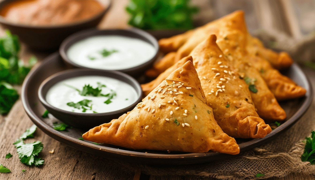 delight in the crispy, golden goodness of air fryer curried vegetable samosas. perfectly spiced and healthier than traditional versions, these savory pastries are filled with vibrant vegetables and aromatic spices, making them an irresistible snack or appetizer.