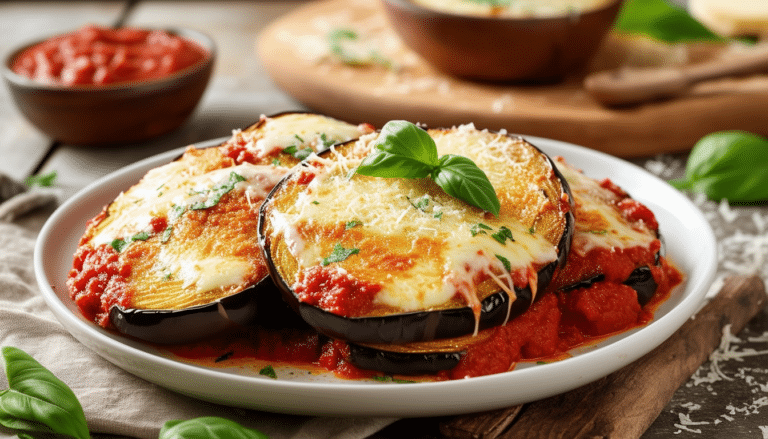 indulge in a healthier twist on the classic italian dish with our air fryer eggplant parmesan. enjoy crispy, golden-brown eggplant layered with rich marinara sauce and melted cheese, all made with less oil for guilt-free pleasure. perfect for a delicious weeknight dinner or a comforting weekend meal!