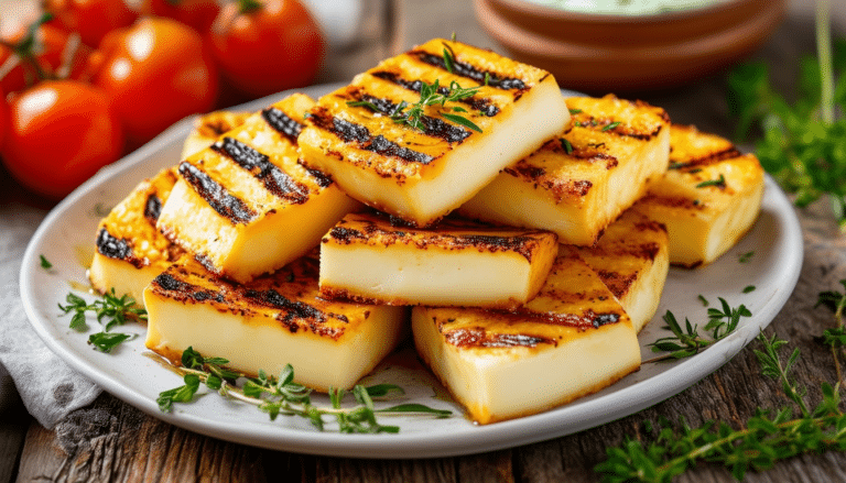 discover the deliciously smoky flavor of air fryer grilled halloumi. perfectly crispy on the outside and soft on the inside, this easy recipe transforms the classic cheese into a healthy and flavorful dish, ideal for appetizers, salads, or as a protein-rich snack.