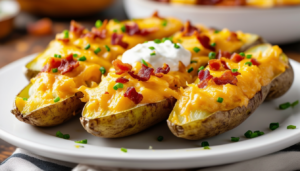 indulge in crispy air fryer loaded baked potato skins, perfectly seasoned and topped with cheese, bacon, and sour cream. a deliciously easy appetizer or snack that's sure to impress your guests!