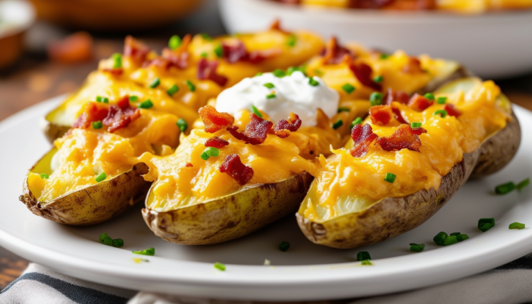 indulge in crispy air fryer loaded baked potato skins, perfectly seasoned and topped with cheese, bacon, and sour cream. a deliciously easy appetizer or snack that's sure to impress your guests!