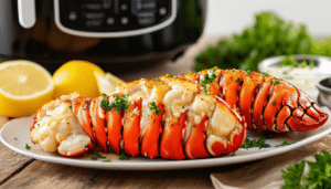 indulge in the exquisite flavors of air fryer lobster tails with garlic butter. this easy recipe brings gourmet dining to your kitchen in no time, featuring succulent lobster tails perfectly cooked, drenched in rich garlic butter for an unforgettable meal.