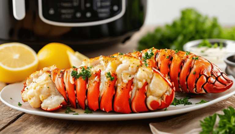 indulge in the exquisite flavors of air fryer lobster tails with garlic butter. this easy recipe brings gourmet dining to your kitchen in no time, featuring succulent lobster tails perfectly cooked, drenched in rich garlic butter for an unforgettable meal.
