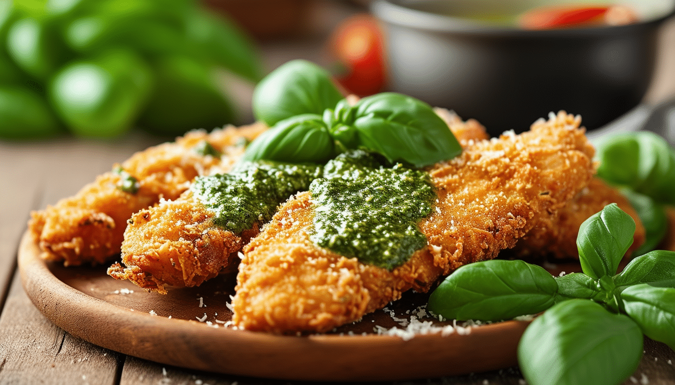 delight in the crispy, flavorful goodness of air fryer pesto chicken tenders. this easy recipe combines tender chicken strips marinated in vibrant pesto, cooked to perfection in your air fryer for a healthier twist on a classic favorite. perfect for a quick weeknight dinner or a tasty snack!