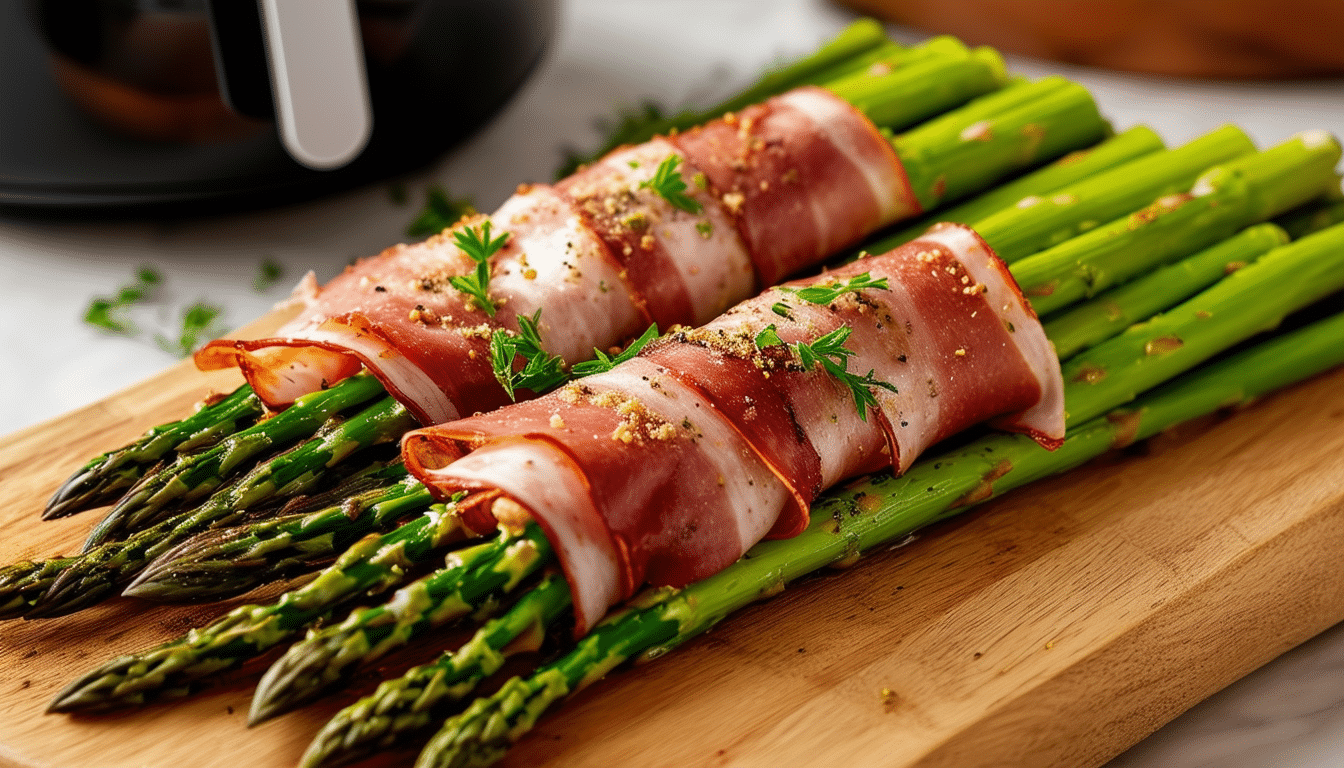 discover a delicious twist on a classic appetizer with our air fryer prosciutto wrapped asparagus, featuring vegetarian ham for a delightful and healthy option. perfectly cooked and packed with flavor, this dish is an ideal addition to any meal or a tasty snack on its own!