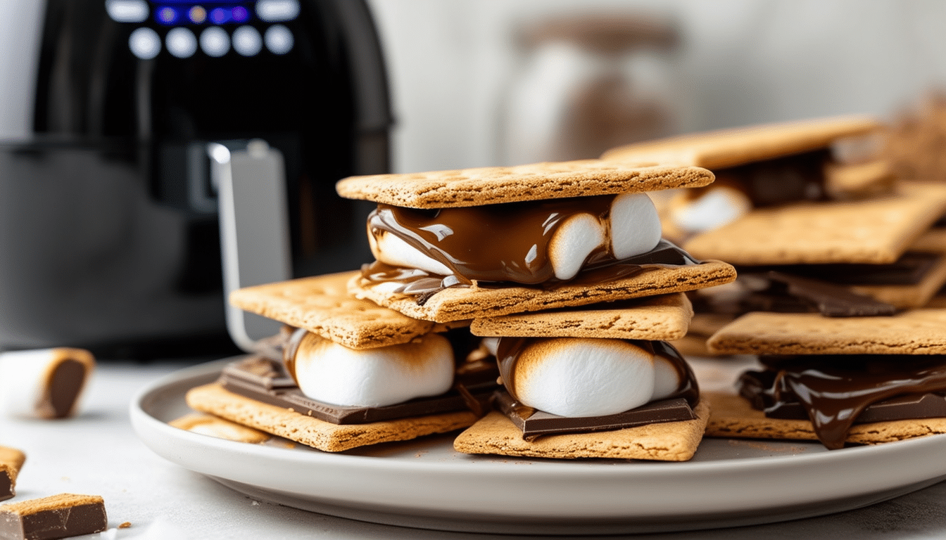 enjoy the deliciously gooey taste of air fryer s'mores in just minutes! discover this quick and easy recipe that combines crispy graham crackers, melted chocolate, and toasted marshmallows, all made effortlessly in your air fryer. perfect for a fun dessert or a cozy night in!