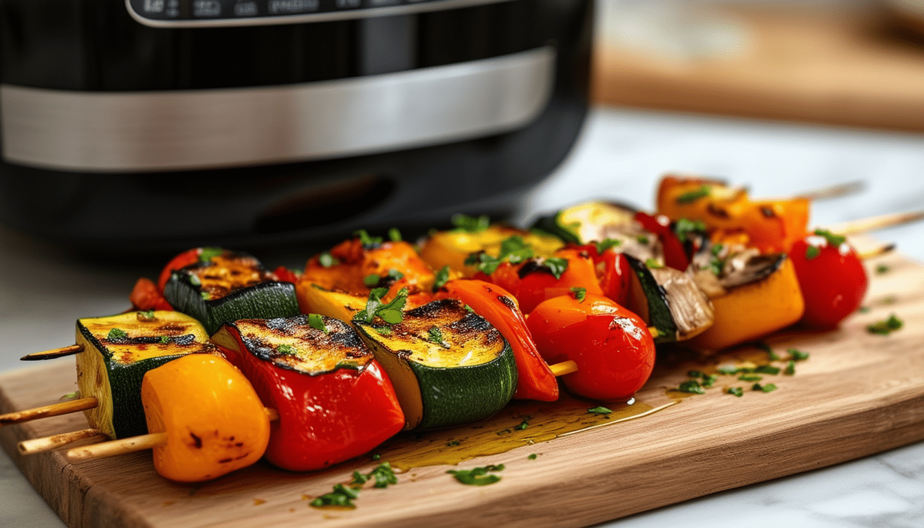 discover the delightful taste of air fryer veggie kabobs! perfectly seasoned vegetables are skewered and air-fried to perfection, offering a healthy and delicious alternative for your next meal. quick, easy, and packed with flavor, these veggie kabobs are a must-try for any veggie lover!
