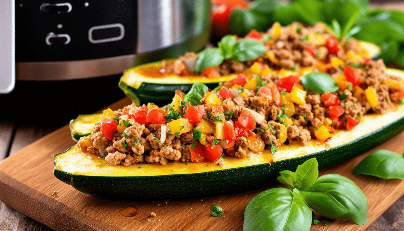 discover how to make delicious air fryer zucchini boats, a healthy and flavorful dish perfect for appetizers or a light meal. filled with your favorite toppings and cooked to crispy perfection in an air fryer, these zucchini boats are simple to prepare and packed with nutrients. try this easy recipe for a tasty and guilt-free treat!