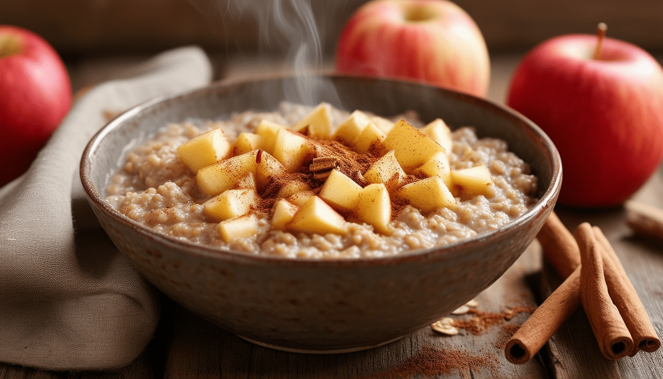 enjoy a warm and comforting bowl of apple cinnamon porridge, made with hearty oats, diced apples, and a dash of cinnamon. perfect for breakfast or a cozy snack!