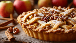 indulge in the delectable apple pie with nut crumble, where tender, spiced apples meet a delightful crunchy nut topping. perfect for dessert lovers seeking a cozy, homemade treat!