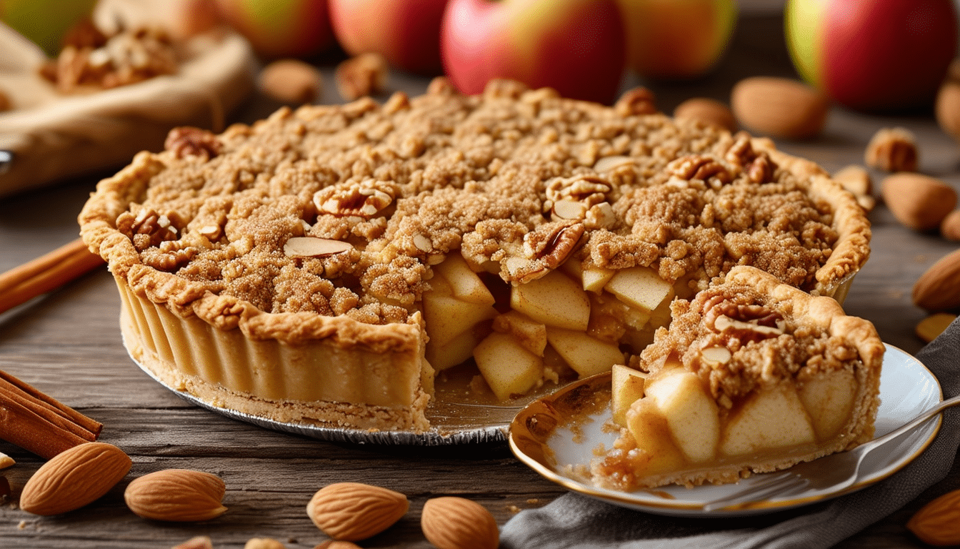 indulge in our delicious apple pie with nut crumble, featuring a perfectly baked apple filling topped with a crunchy nut topping for an irresistible twist on a classic dessert.