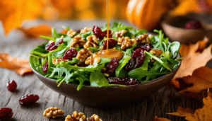 enjoy the vibrant flavors of fall with our autumn salad featuring crunchy walnuts, sweet dried cranberries, and a delicious maple dressing. perfect as a refreshing side or a light meal, this salad brings together the best of autumn in every bite.