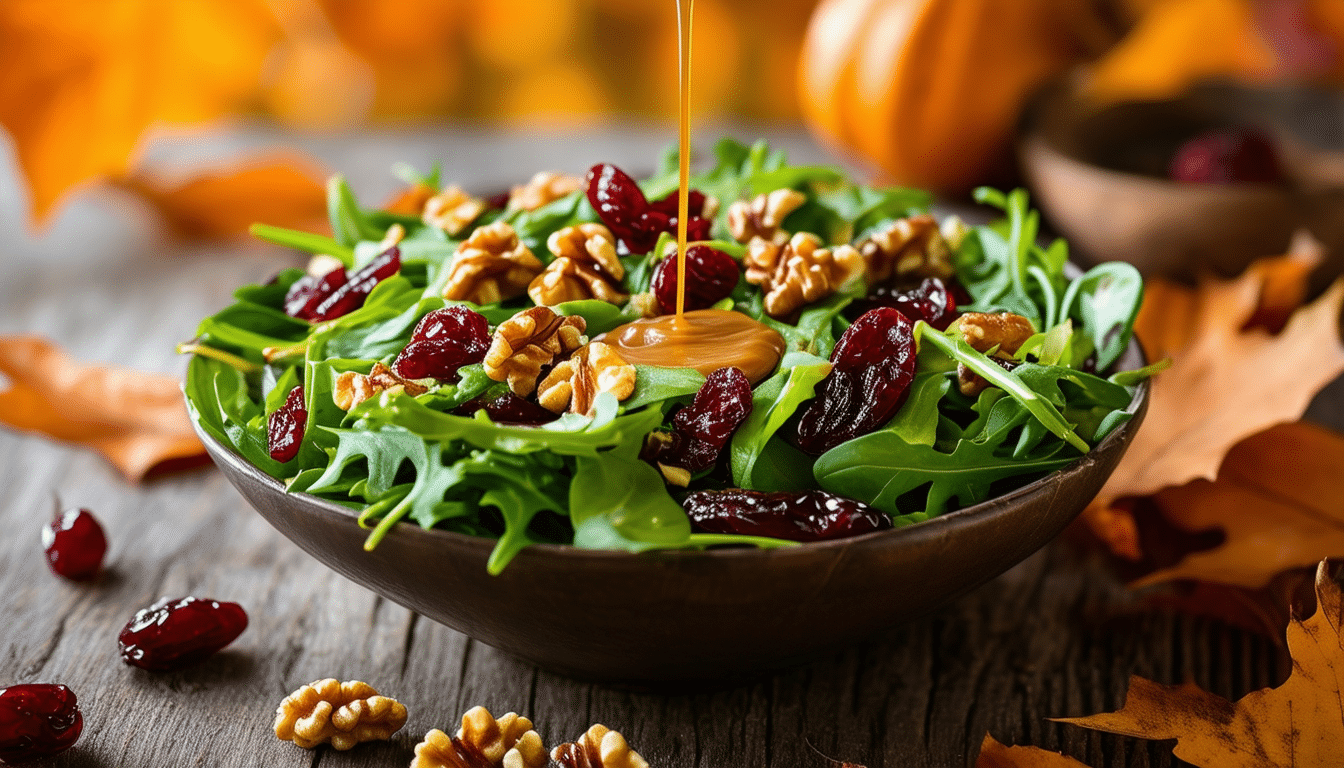 enjoy the vibrant flavors of fall with our autumn salad featuring crunchy walnuts, sweet dried cranberries, and a delicious maple dressing. perfect as a refreshing side or a light meal, this salad brings together the best of autumn in every bite.
