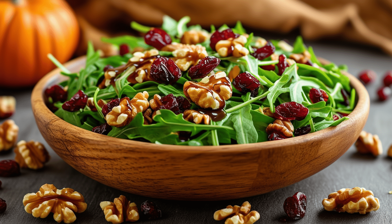 enjoy the vibrant flavors of autumn with our crunchy salad featuring walnuts, dried cranberries, and a delectable maple dressing. perfect for a healthy and delicious seasonal dish!
