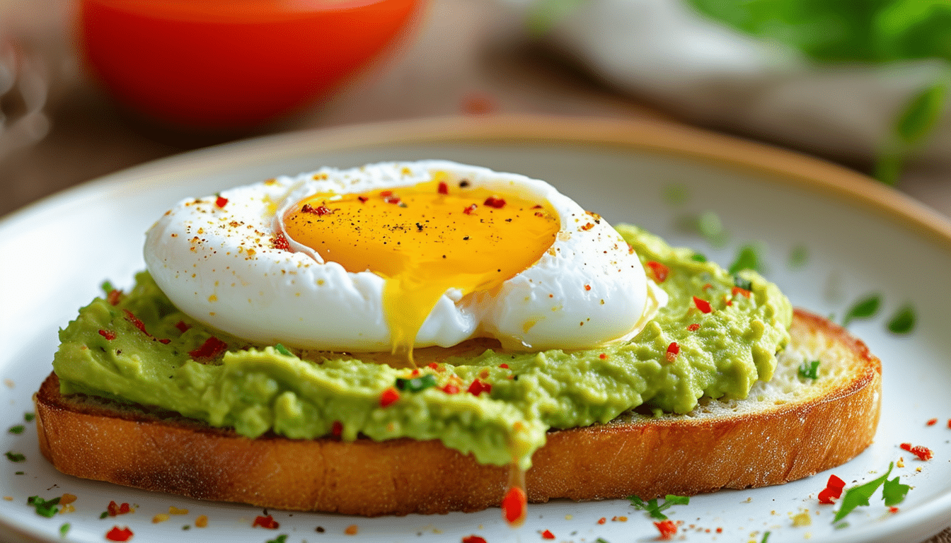 start your day right with our avocado toast topped with a perfectly poached egg. enjoy the wholesome goodness of toasted whole-grain bread layered with creamy smashed avocado for a balanced and delicious breakfast.