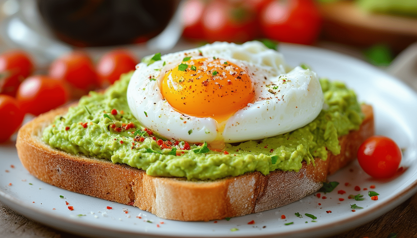 start your day right with this delicious avocado toast topped with a perfectly poached egg. enjoy the creamy goodness of smashed avocado on toasted whole-grain bread for a nutritious and balanced breakfast.