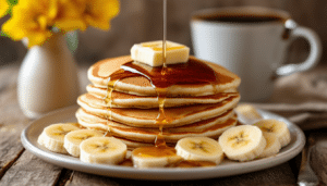 enjoy the delightful taste of banana pancakes, made by combining ripe mashed bananas with eggs and a touch of flour for a light and fluffy breakfast treat. perfect for any morning!