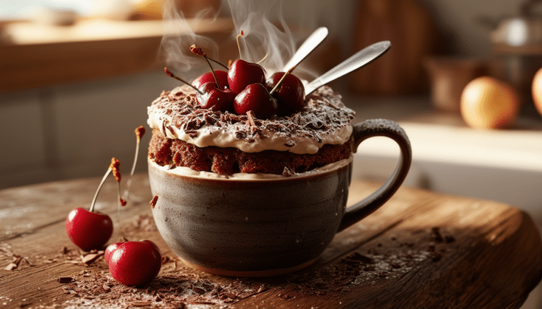 indulge in the rich and decadent flavors of black forest cake in a mug! this quick and easy recipe combines chocolate cake, cherries, and whipped cream, perfect for satisfying your dessert cravings in just minutes. enjoy a delightful homemade treat that's ideal for any chocolate lover!