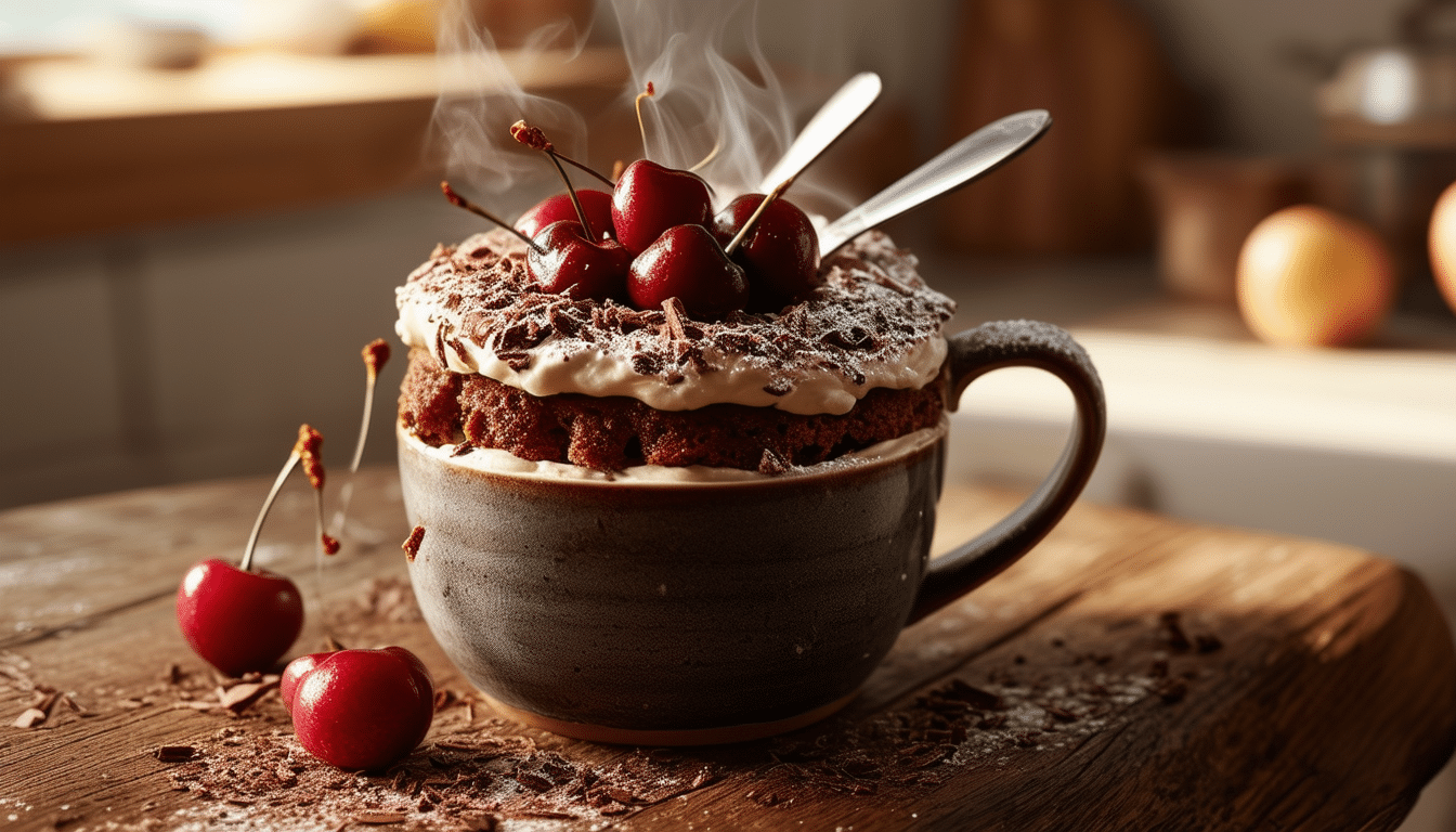 indulge in the rich and decadent flavors of black forest cake in a mug! this quick and easy recipe combines chocolate cake, cherries, and whipped cream, perfect for satisfying your dessert cravings in just minutes. enjoy a delightful homemade treat that's ideal for any chocolate lover!