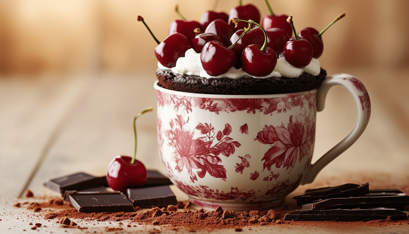 indulge in a deliciously rich and easy black forest cake in a mug recipe. perfect for satisfying your sweet cravings in just minutes, this individual cake combines layers of chocolate, cherries, and whipped cream, delivering a cozy dessert experience right from your microwave.