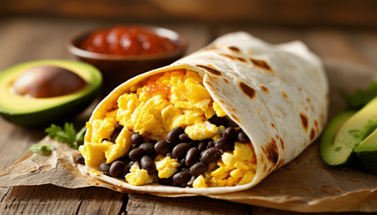 start your day right with our delicious breakfast burrito, featuring a savory combination of scrambled eggs, beans, cheese, and zesty salsa wrapped in a warm tortilla. perfect for a hearty breakfast on-the-go!