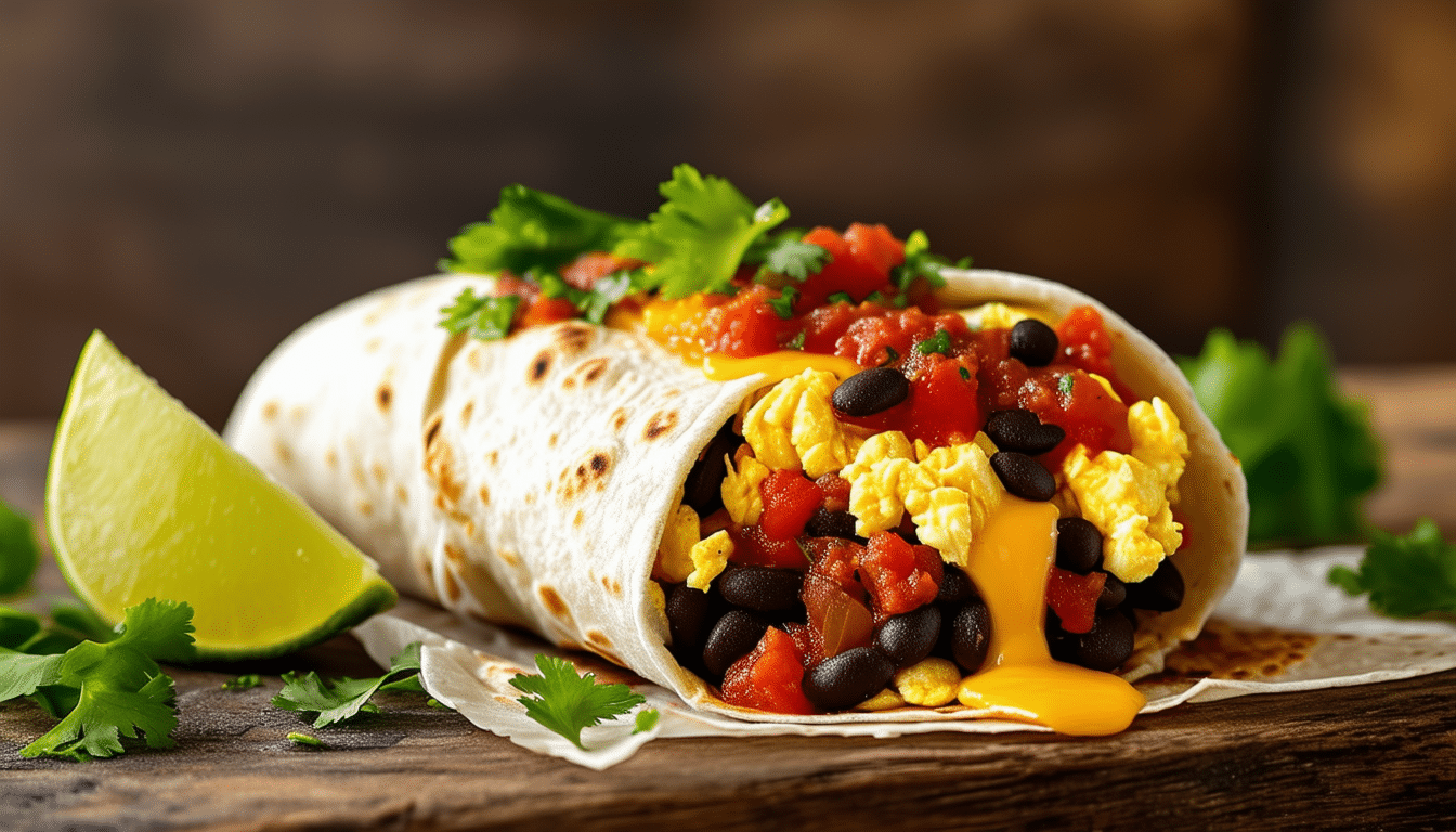 start your day right with our breakfast burrito! enjoy a delicious blend of scrambled eggs, beans, cheese, and salsa wrapped in a warm tortilla, perfect for a hearty breakfast on-the-go.