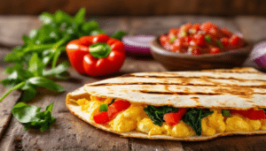 enjoy a delicious breakfast with this breakfast quesadilla recipe! fill a tortilla with fluffy scrambled eggs, melted cheese, and your choice of colorful veggies, then grill it to perfection for a crispy, satisfying meal. perfect for any morning!