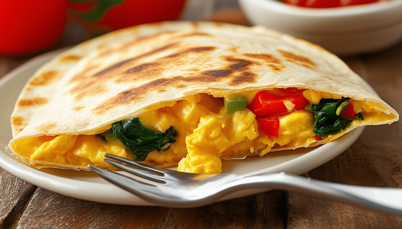 enjoy a delicious breakfast quesadilla filled with fluffy scrambled eggs, melty cheese, and your choice of fresh veggies. grill to perfection for a crispy, satisfying morning meal!