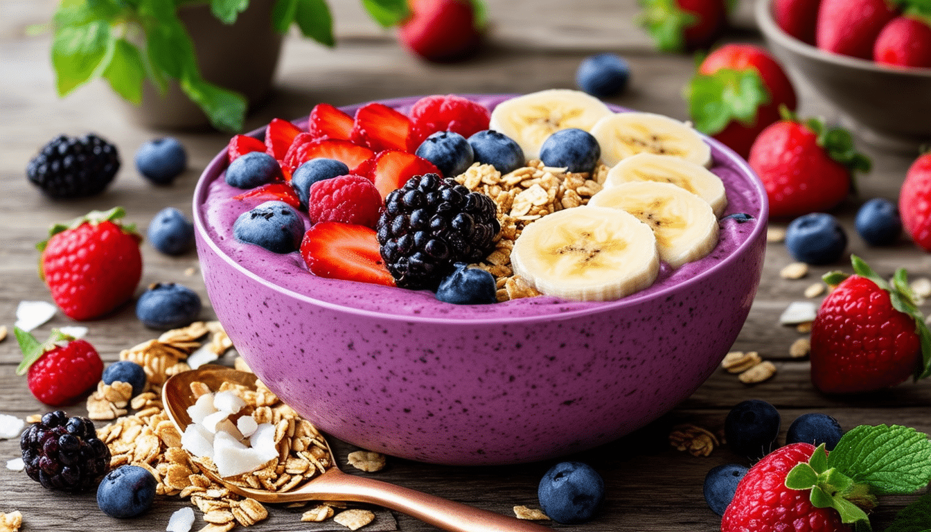 discover the ultimate morning boost with our healthy berry smoothie bowl. packed with antioxidants and nutrients, this delicious recipe is the perfect go-to breakfast for instant energy. start your day right with a vibrant blend of berries that's both wholesome and satisfying!