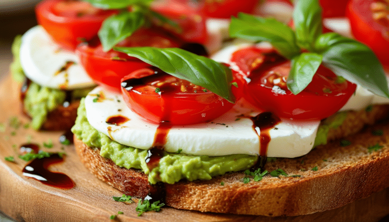 indulge in our delicious caprese avocado toast, topped with creamy mozzarella, ripe tomato, and fresh avocado, all finished with a drizzle of rich balsamic glaze for the perfect flavor combination.