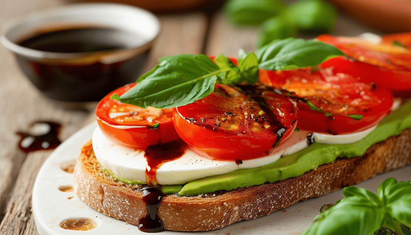 enjoy a delightful caprese avocado toast topped with fresh mozzarella, juicy tomatoes, creamy avocado, and a luscious drizzle of balsamic glaze. perfect for a fresh, healthy breakfast or snack!