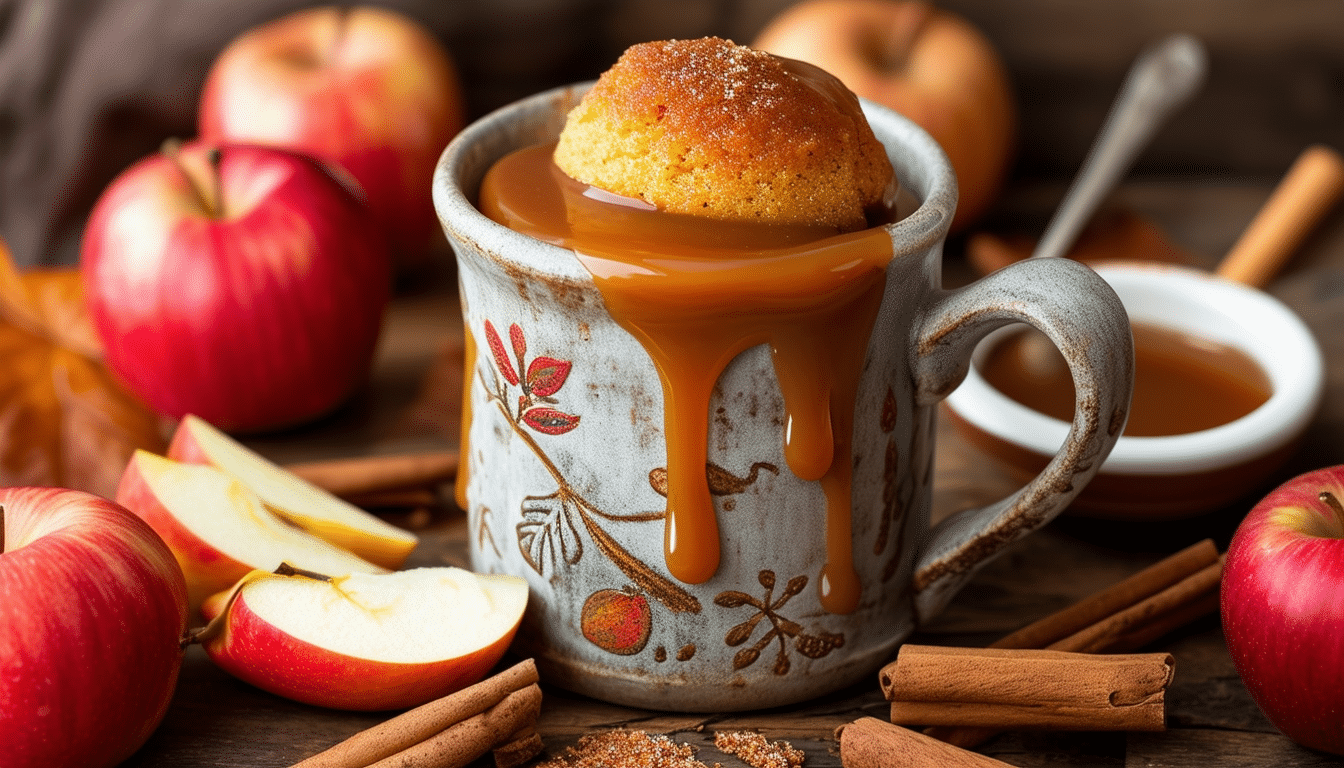 indulge in the delightful flavors of fall with our caramel apple mug cake. this quick and easy dessert combines tender apple pieces, rich caramel, and warm spices, all perfectly cooked in just minutes. enjoy a cozy treat any time of the day!