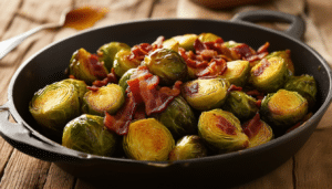 discover the perfect balance of savory and sweet with our caramelized brussels sprouts. delight in the rich flavor of roasted brussels sprouts tossed with crispy bacon and finished with a touch of maple syrup for an irresistible side dish that will impress your guests.