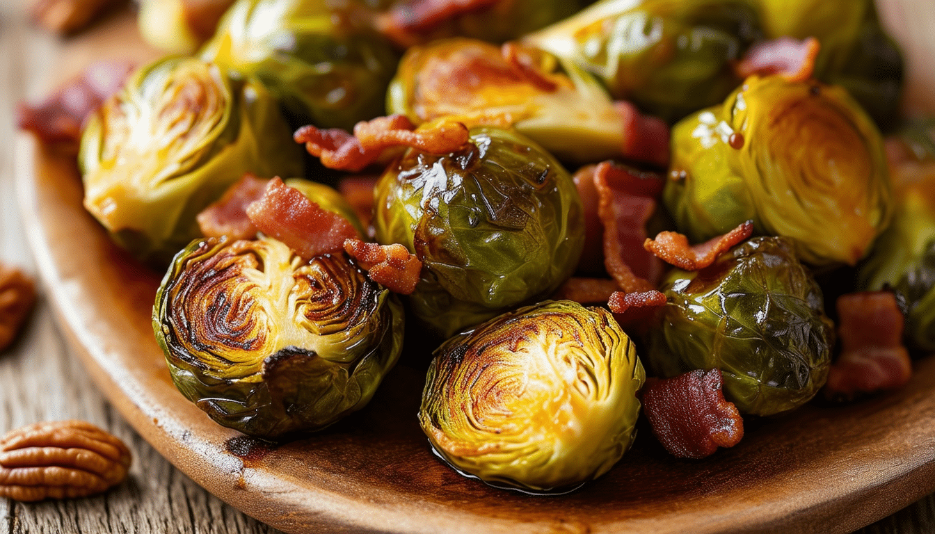 indulge in the rich flavors of caramelized brussels sprouts, featuring perfectly roasted brussels sprouts tossed with crispy bacon and a delightful drizzle of maple syrup. a delicious side dish that combines savory and sweet for a mouthwatering experience!