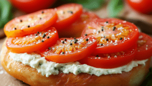 savor a delicious cheese and tomato bagel topped with creamy cream cheese, fresh sliced tomatoes, and a hint of salt and pepper. a perfect blend of flavors for breakfast or a snack!
