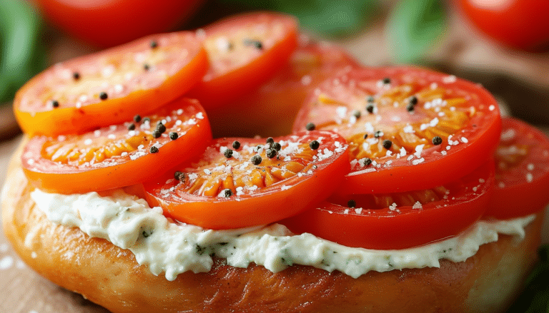 savor a delicious cheese and tomato bagel topped with creamy cream cheese, fresh sliced tomatoes, and a hint of salt and pepper. a perfect blend of flavors for breakfast or a snack!