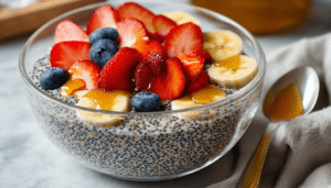 indulge in a delicious and nutritious chia seed pudding! simply mix chia seeds with almond milk, let them soak overnight, and top with honey and fresh fruits for a refreshing breakfast or snack.