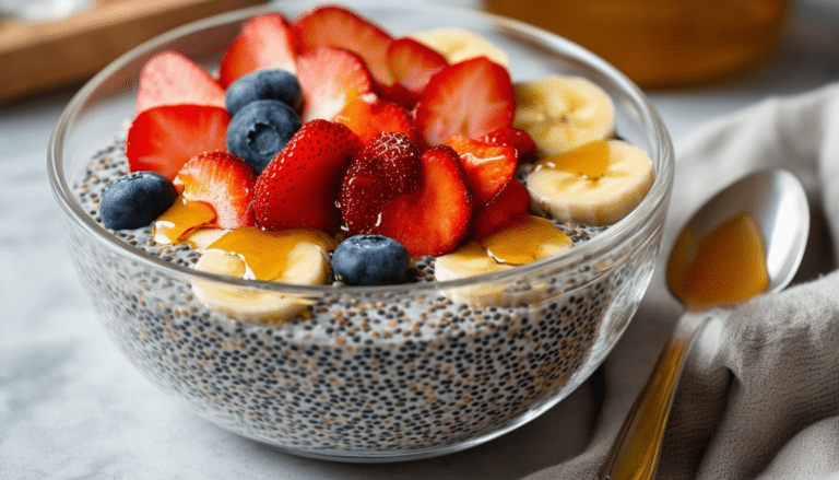 indulge in a delicious and nutritious chia seed pudding! simply mix chia seeds with almond milk, let them soak overnight, and top with honey and fresh fruits for a refreshing breakfast or snack.