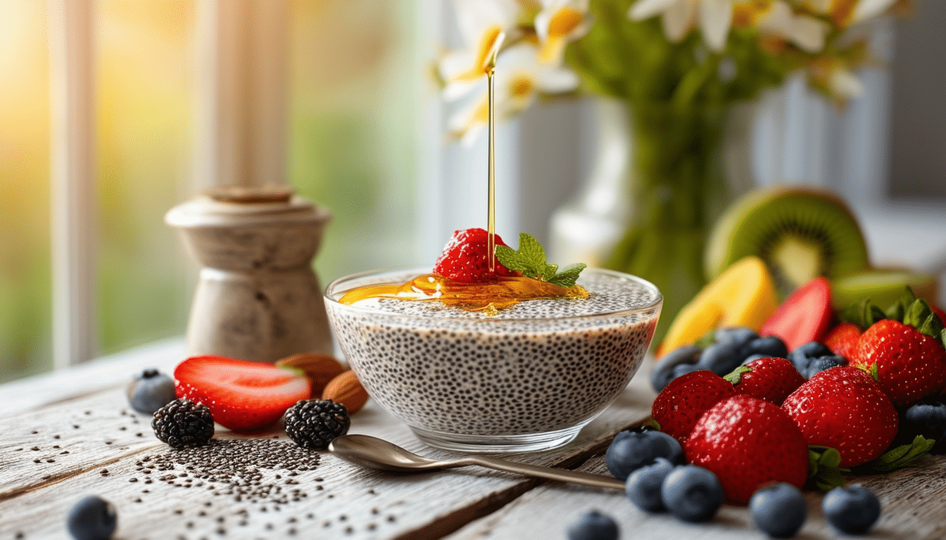 indulge in a delicious and healthy chia seed pudding made with creamy almond milk. simply mix chia seeds, let it sit overnight, and top with honey and fresh fruits for a nutritious breakfast or snack. easy to prepare and packed with flavor!