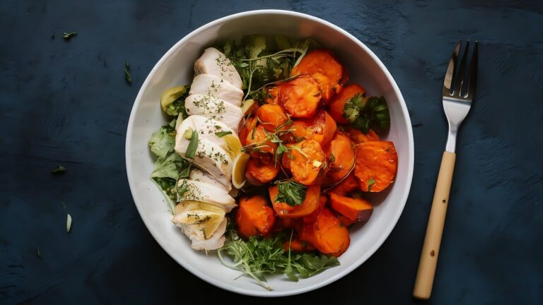 Chicken and sweet potatoes salad bowl