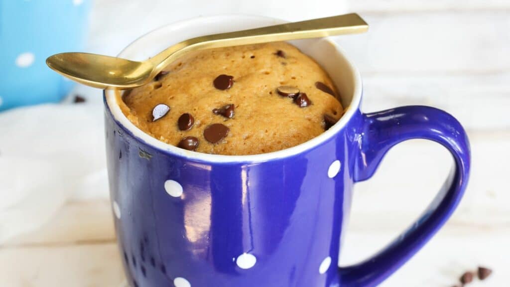 Chocolate chip mug cake with spoon